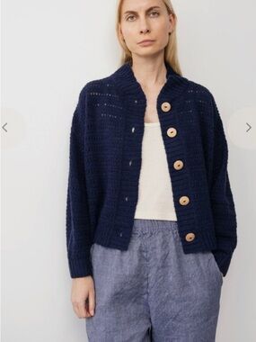 Wol Hide Organic Cotton Open Work Bomber Cardigan Medium Navy Cropped Boxy Peru